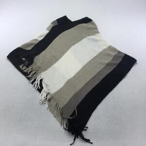 Guess Sweater Cape Womens One Size Black Gray Striped Fringe Knit Poncho